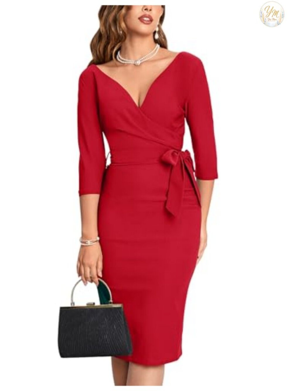 Vintage Faux Wrap V Neck 3/4 Sleeve Formal Work Party Dress